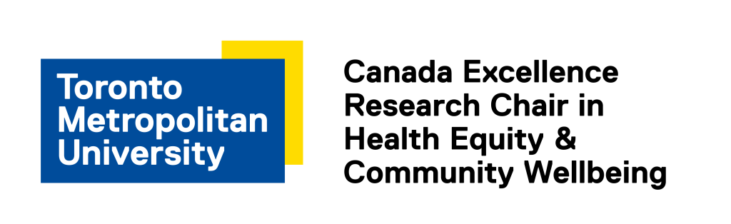 Blue and yellow logo from Toronto Metropolitan University Canada Excellence Research Chair in Health Equity & Community Wellbeing
